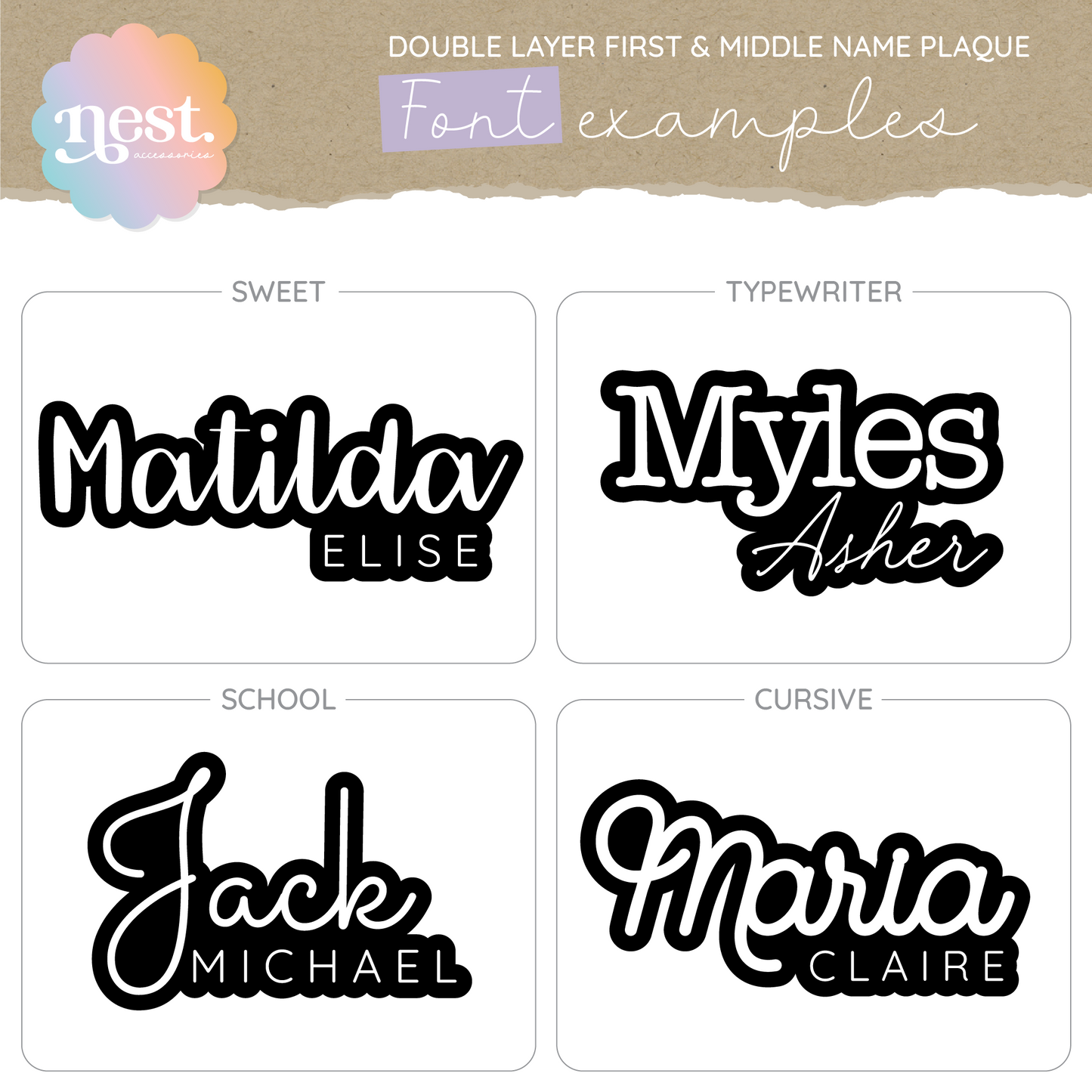 Double Layer First & Middle Name Plaque| Choose your own font & colours