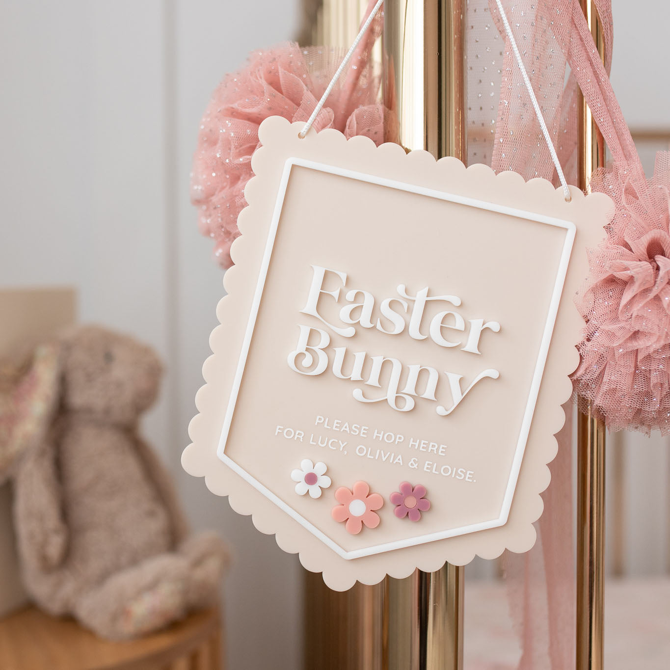 Easter Bunny Please Hop Here Banner - Flowers Design