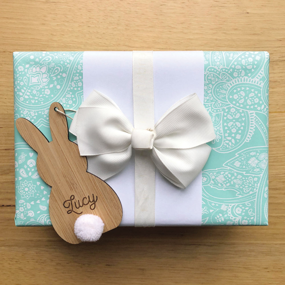 Personalised Bunny Tag with Pom Pom on present